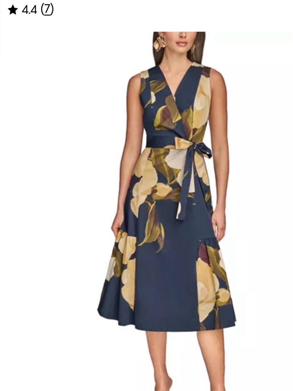 Donna Karan Navy Floral Wrap Midi Dress with Yellow and Cream Blooms